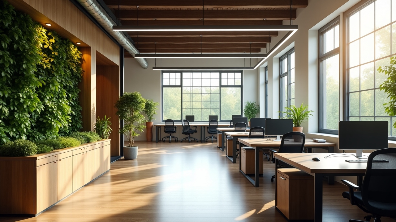 Oficina sostenible con elementos biofílicos y luz natural